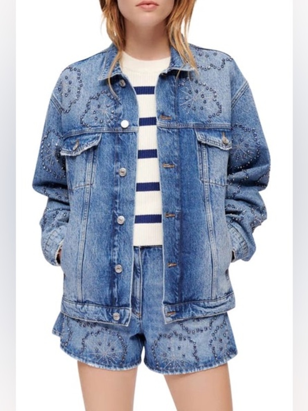 Maje BISTRASS Relaxed Fit Denim Jacket w Blue Rhinestone Crystals & Silver Studs